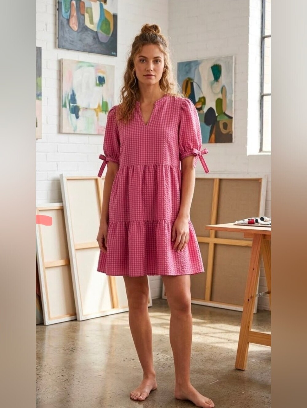 Kate & Sam Pink Gingham Tiered Mini Dress, Medium